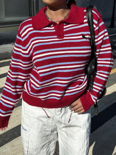 Muchica Plus Size Dam Topp med nedfällbar krage, knappar, halv knappslå, randig broderad, casual, stickad långärmad, vardagsklänning