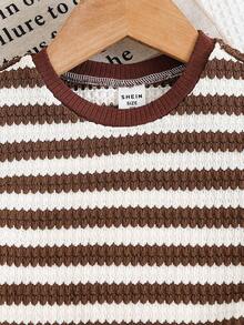 SHEIN 2pcs/Set Young Girl Knitted Striped Round Neck T-Shirt And Fitted Flare Pants Outfit - Mocha Brown - View 6