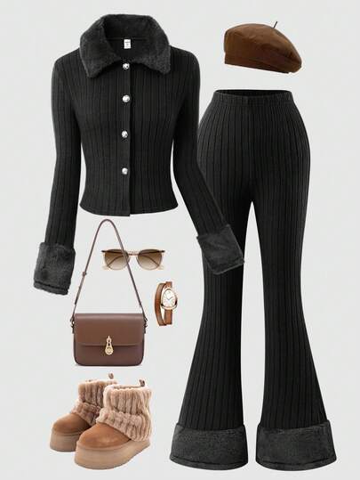 Sparklyn 2-delars vintage casual set: Åtsittande randig kofta med långärmad krage och enfärgade utsvängda byxor för tonårsflickor