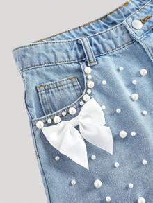 Girlism 少女优雅浅色水洗做旧蝴蝶结牛仔短裤，带口袋插片、仿珍珠和毛边裤脚，适合春夏假期和节日穿着 - 淺色水洗藍 - 查看 3