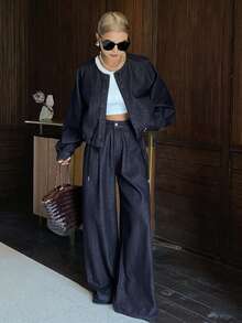 Livesso 女士休闲插肩袖宽松上衣和宽松牛仔裤套装 - 深色水洗藍 - 查看 3