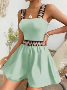 Breezaya 女士夏季度假休闲编织吊带拼接连体裤 - 薄荷綠 - 查看 6