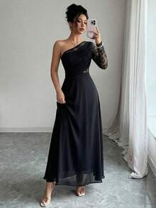 Modelyn Abito elegante da donna in stile francese, con spalla scoperta, in maglia nera con pizzo a contrasto e arricciature - nero - Visualizzare 5