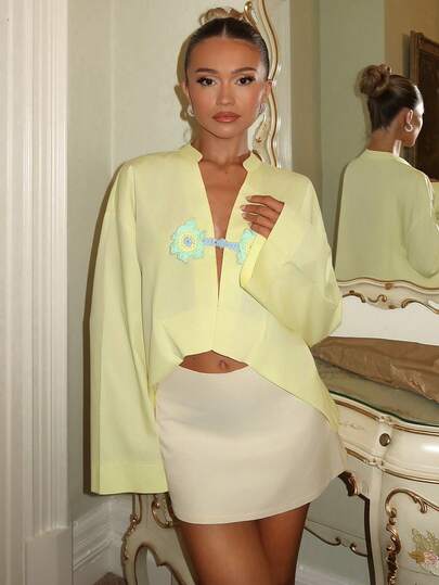 SHEIN Glamour Light Yellow Crochet Floral Button Down Long Sleeve Woven Shirt, Women's Summer Clothing, Elegant Party Shirt, Women's Beach Wear, Women's Casual Top, Light Yellow Women's Blouse