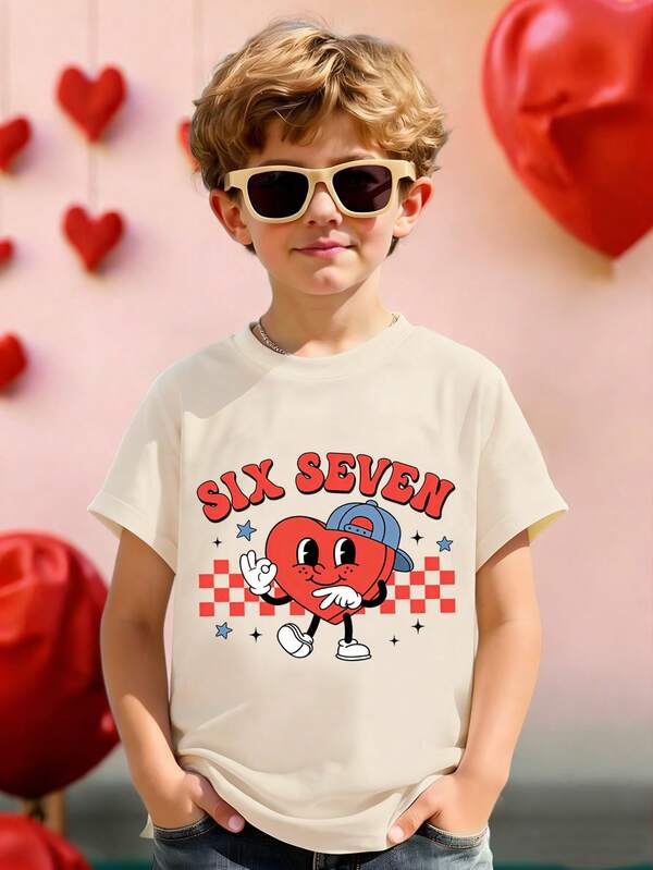 1pc Young Boy Casual Fashionable Creative Personalized Refreshing Minimalist Chic Heart Cartoon Character Hat, Number 67 Pentagram Star Plaid Pattern Letter Slogan Graphic Print Casual Basic Short T-Shirt, Comfortable Outfit, Suitable For Boys, Valentine's Day Festive Atmosphere, Tops
