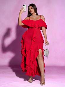 Viva Relle 大码女式优雅纯色针织高弹面料荷叶边领口、开衩设计、荷叶边拼接，时尚设计，大码新款连衣裙，适合派对、节日、生日、情人节、约会等场合的长款连衣裙 - 紅色 - 查看 5