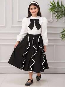 SHEIN 女童蝴蝶结装饰长袖衬衫和迷你裙两件套 - 黑與白 - 查看 5