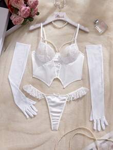 Crystal Vow 4pcs Sexy Lace Patchwork Mesh Sheer Bra Set For Women - White - View 8