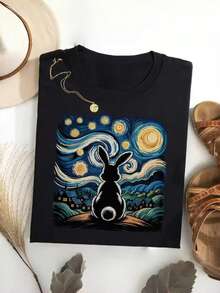 EMERY ROSE Camiseta con estampado de conejo de Van Gogh, Camiseta con estampado de granja de la Noche Estrellada, Camiseta divertida para amantes de los conejos, Regalo de arte de mascota conejo, Camiseta única de conejo de granja - Negro - Ver 1