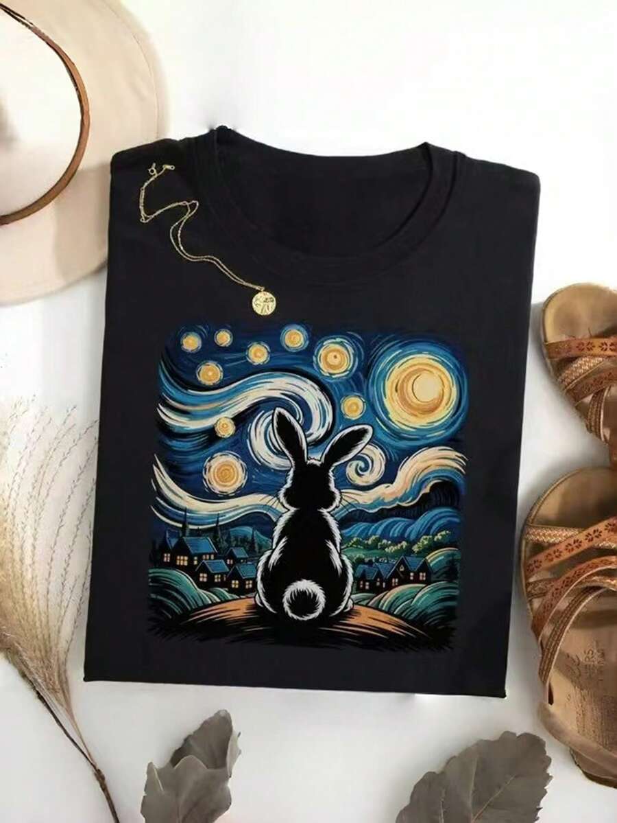 EMERY ROSE Camiseta con estampado de conejo de Van Gogh, Camiseta con estampado de granja de la Noche Estrellada, Camiseta divertida para amantes de los conejos, Regalo de arte de mascota conejo, Camiseta única de conejo de granja - Negro - Ver 1