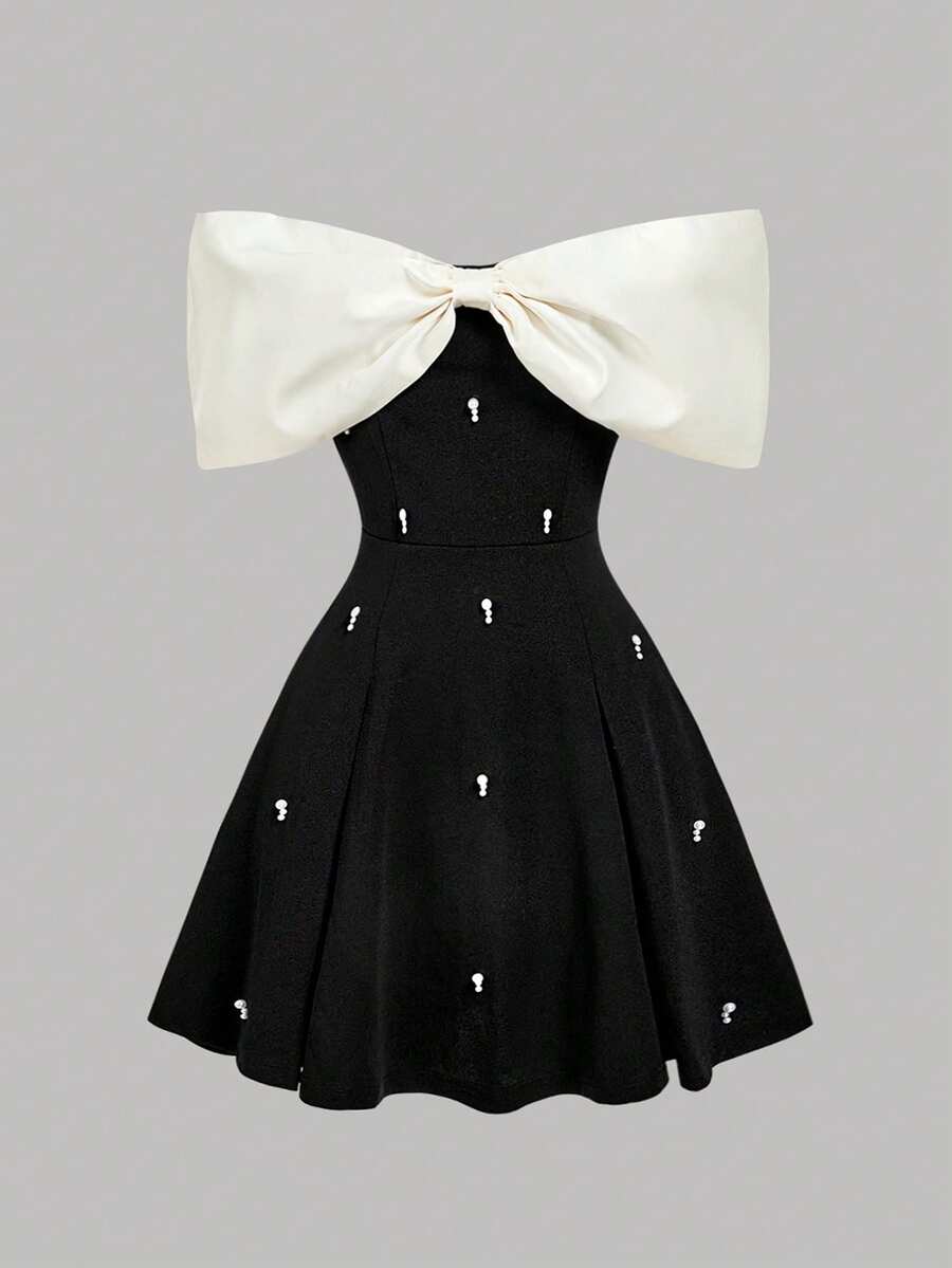 Serisse Kids 1pc Champagne Off-Shoulder Pearl Trim Black Mini Dress - Black - View 1