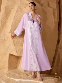 Al Najma 女士复古优雅浅紫色流苏领饰缎面提花宽松长袖长袍 - 淡紫色 - 查看 7