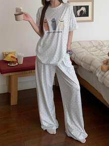 DAZY 两件套女士小熊印花波点宽松短袖睡衣套装 - 白色 - 查看 5