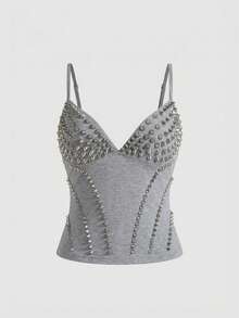 ROMWE Grunge Punk Sexy Dark PUNK Rivet Chain Patchwork Women's Camisole - Grey - View 1