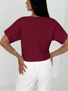 Aloruh 女士金属单排扣短袖休闲薄款开衫 - 酒紅色 - 查看 2