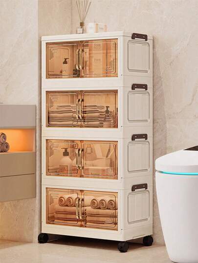 1pc 45cm/17.7in Wide Folding Storage Cabinet, 1-5 Tiers Optional, Thickened Double Door With Wheels, Toolless Home Organizer Rack For Clothes, Toys, Plastic Foldable Storage Cupboard