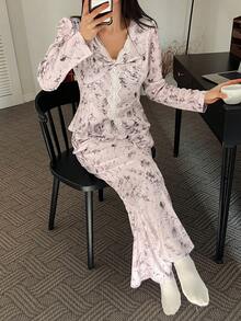 DAZY Tie-Dye Pattern Allover Print Lace Trim Patchwork Women Pajama Set - Dusty Pink - View 6