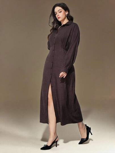 Maija Plus Size Women's Elegant Minimalist Design Deep Coffee Color Loose Fit Turndown Collar Waist Pleated Casual Versatile Korean Style Commuting Batwing Sleeve Single-Breasted Long Shirt Dress, Autumn/Winter Spring To Summer Spring Outfit Womenvalentine's Day Carnival Fasching Women Costume Party Beach Wedding Vacation Casual Women Shirt Dress Long Sleeve Long Dress Coffee Brown Dress Long Dress With Slit Long Casual Dress