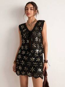 Freevana Bohemian Apricot Contrast Sequin Crochet 2-Piece Set: Sleeveless V-Neck Tie Vest + High Waist Ruffle Hem Mini Skirt, Niche Design Vacation Style Early Spring - Multicolor - View 5