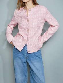 Maija 女士粉色珍珠提花蝴蝶结装饰纽扣点缀宽松翻领长袖开襟优雅休闲/商务外套，百搭舒适，适合所有季节，是情人节的理想之选。 - 粉色 - 查看 1