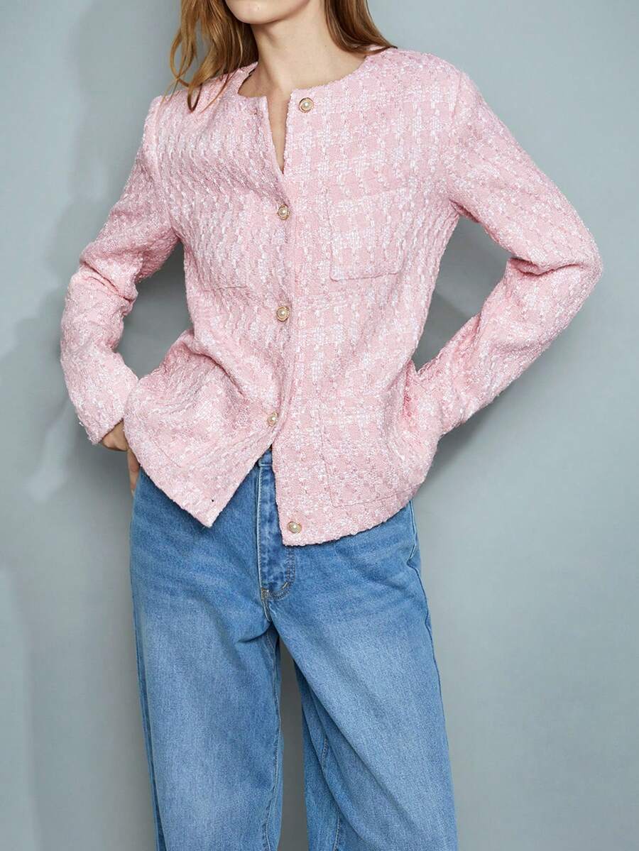 Maija 女士粉色珍珠提花蝴蝶结装饰纽扣点缀宽松翻领长袖开襟优雅休闲/商务外套，百搭舒适，适合所有季节，是情人节的理想之选。 - 粉色 - 查看 1