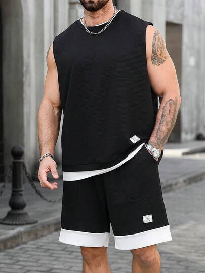 EGENSIO Plus Size Men's Black Mini Waffle Knit Sleeveless Tank Top And Shorts Set