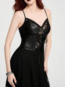 Breakform Women's Gothic Sexy Lace Patchwork PU Leather Front Lace-Up Decor Slim Fit Camisole - Black - View 6