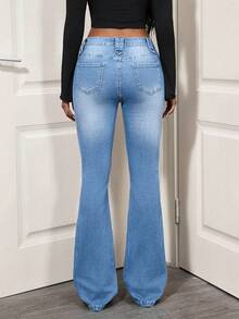 SHEIN Tall Denim Flare de Cintura Baixa Moda Casual Diária de Transporte para Mulheres - Lavagem clara - Visão 2