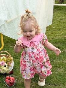 SHEIN LMoss Kids 女婴法式优雅撞色碎花泡泡袖连衣裙 - 彩色 - 查看 3