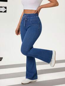 SHEIN Essnce 女士纯色简约日常牛仔裤 - 藍色 - 查看 5