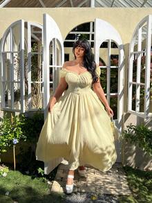 Lyrianda Modest Plus Size Vintage Elegant Off-Shoulder Dress, Spring/Summer - Pale Yellow - View 4