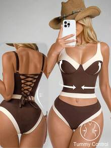 Shapewave Women's Brown & Beige Patchwork Tankini Set With Binding Waist - Multicolor - View 3