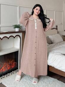Dazy Plus Plus Size Women Peter Pan Collar Contrast Lace Half Open Front Loose Long Casual Nightgown, Spring/Autumn - Pink - View 5