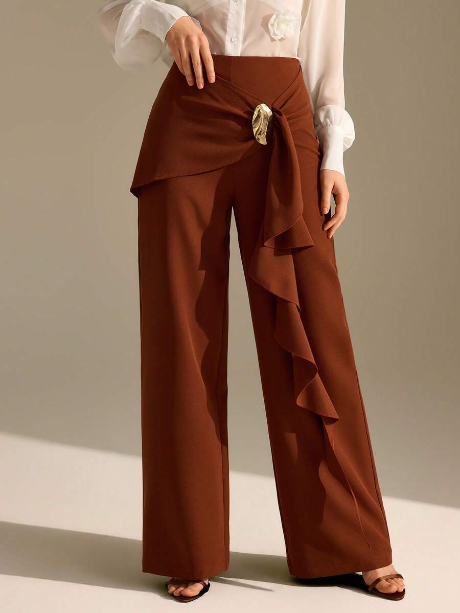 CLARA VERO Damen Asymmetrische Hose mit goldenem Knopf und Rüschensaum, weites Bein - Braun - Übersicht 1