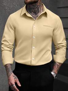 Manfinity Bizformal Men's Solid Color Single-Breasted Casual Business Long Sleeve Shirt - Khaki - View 4