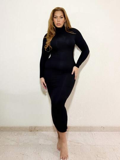 MelDlgn 大码女式春夏优雅日常基本款纯色高领修身袖黑色连衣裙，适合日常穿着、乡村音乐会