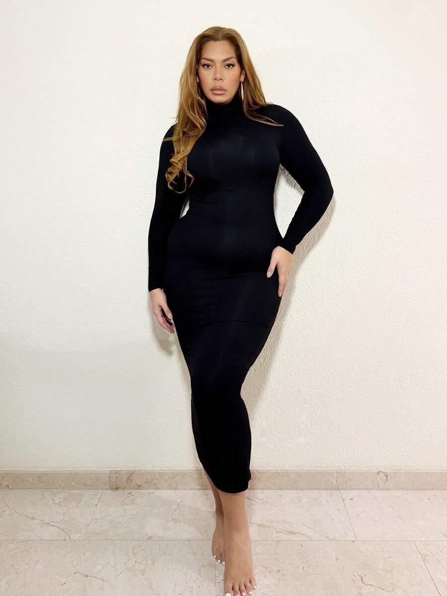 MelDlgn 大码女式春夏优雅日常基本款纯色高领修身袖黑色连衣裙，适合日常穿着、乡村音乐会 - 黑色 - 查看 1