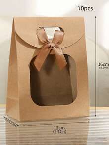 10pcs Windowed Gift Bag, Suitable For Holiday Party Gift Wrapping, Hand-Held Transparent Flip-Top Gift Bag - Khaki - View 6
