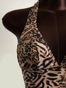 Zestiva 3pcs/Set Leopard Print Halter Top + Triangle Bikini Bottoms + Ruched Drawstring Waist Floral Hem Skirt, Beach Vacation Casual Swimwear - Multicolor - View 7