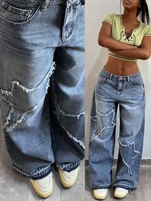 StreetHx Fashionable Casual Streetwear Patch Embroidered Star Low-Waist Distressed Jeans - Medium Wash - View 1