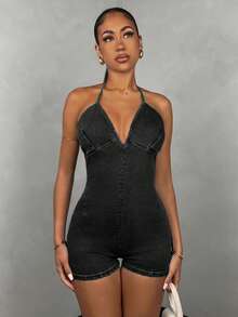 SHEIN BAE Denim Jumpsuit - Medium Wash&Jumpers And Women Rompers&Summer Tops&Summer Clothes&Festival Outfits&Country Concert Outfit&Rave Festival Outfits - Black - View 5