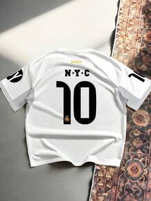 Aesthetic Post Street Style, NYC Letter & Number 10 Print, Men's Football Club Element Round Neck T-Shirt - White - View 2