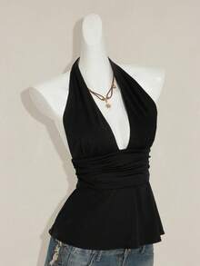 SHEIN Tall CURVE 新款加大码女式高个女孩深V领褶皱性感吊带背心，夏季上衣 - 黑色 - 查看 8