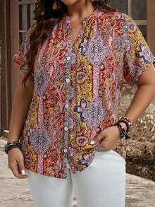 EMERY ROSE 大码女式波西米亚风印花纽扣装饰短袖衬衫，适合春夏穿着 - 彩色 - 查看 3