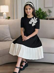 1pc Tween Girl Bowknot Pleated Short Sleeve Dress, Loose Fit, Spring/Summer - Black - View 3