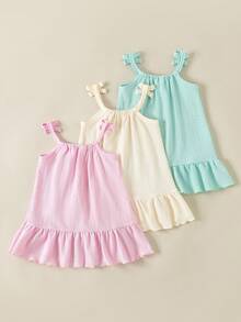 SHEIN 3件套女童夏季连衣裙，蝴蝶结吊带纯色条纹连衣裙套装，适合日常休闲穿着，女童专属连衣裙 - 彩色 - 查看 2