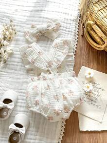 Vintaside Kids 新生儿无袖休闲碎花连体衣，适合夏季居家休闲或户外购物穿着 - 杏色 - 查看 2