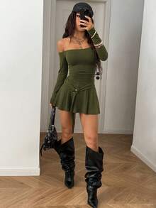 StreetHx Gaun Wanita Lengan Panjang Pas Badan dengan Bahu Terbuka - Hijau Tentara - View 5