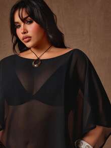 Rustia Áo khoác ngoài bằng vải chiffon màu đen trơn dành cho nữ cỡ lớn, kiểu dáng rộng rãi, thoải mái, xẻ tà, xuyên thấu, đa năng, áo sơ mi mùa hè thời trang. - màu đen - Xem 5