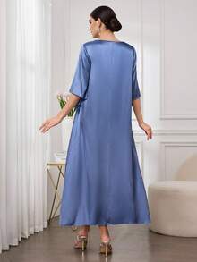 Al Najma Women's New Elegant Satin Fabric Shiny Luxurious Rhinestone Keyhole Neck Dress, Minimalist & Fashionable - Purple - View 2